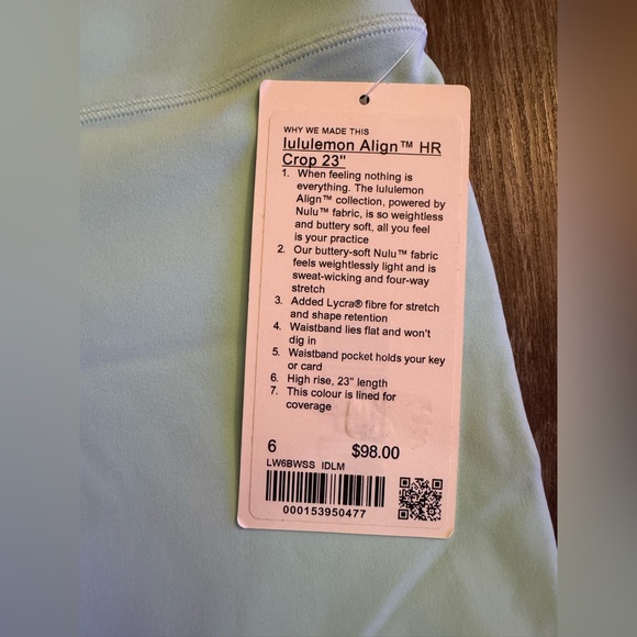 New with tags Lululemon Align high rise crop pant 23” Ideal Mint. Blue. Size 6 - Picture 12 of 13
